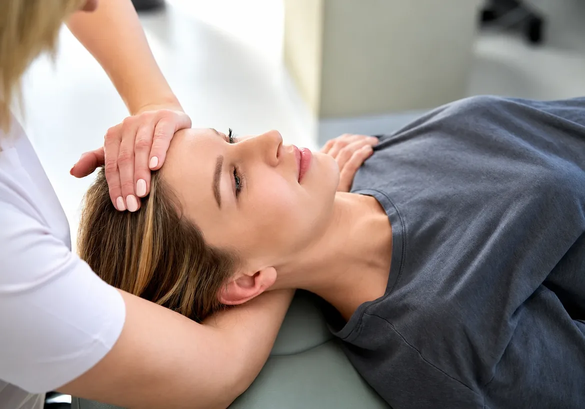 Clinician treating a patient's head and neck on a treatment table