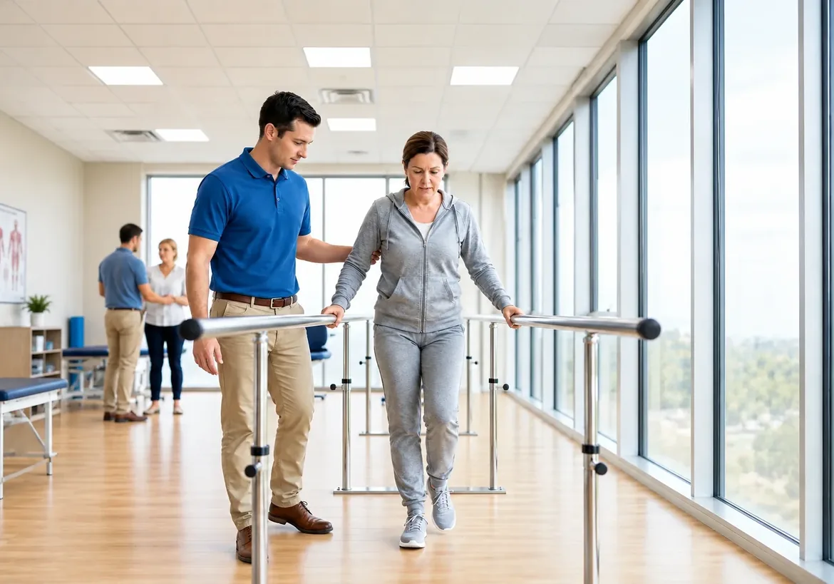 Patient walking between parallel bars with a clinician beside her