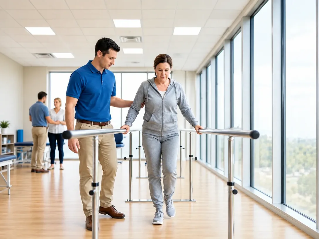 Patient walking between parallel bars with a clinician beside her