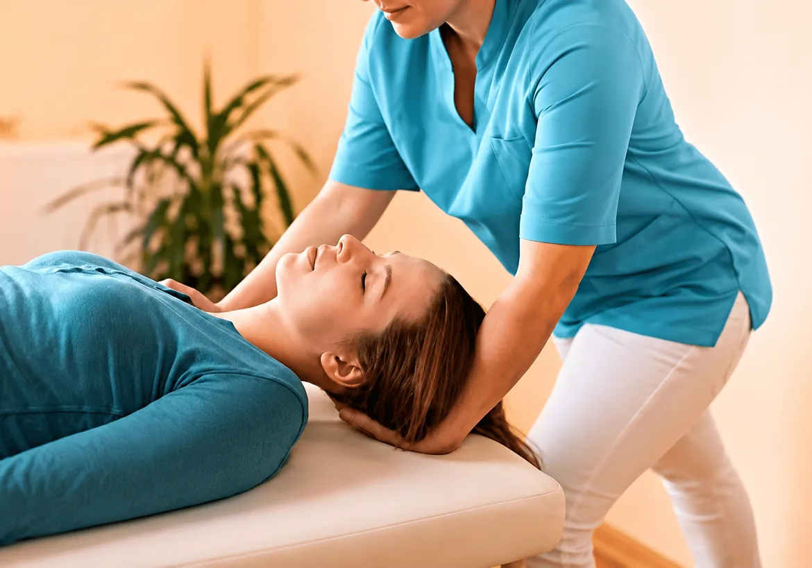 Therapist working on a patient's neck and shoulders on a treatment table