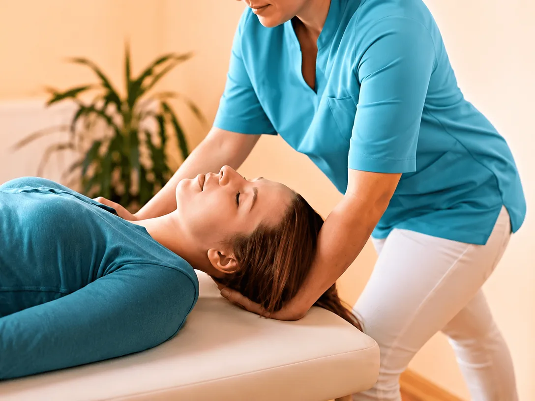 Therapist working on a patient's neck and shoulders on a treatment table
